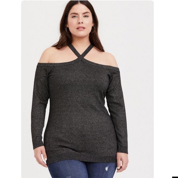 torrid Sweaters - Torrid Women Size 0 Large 12 Sweater Black Gold Metallic Shine Cold Shoulder Top